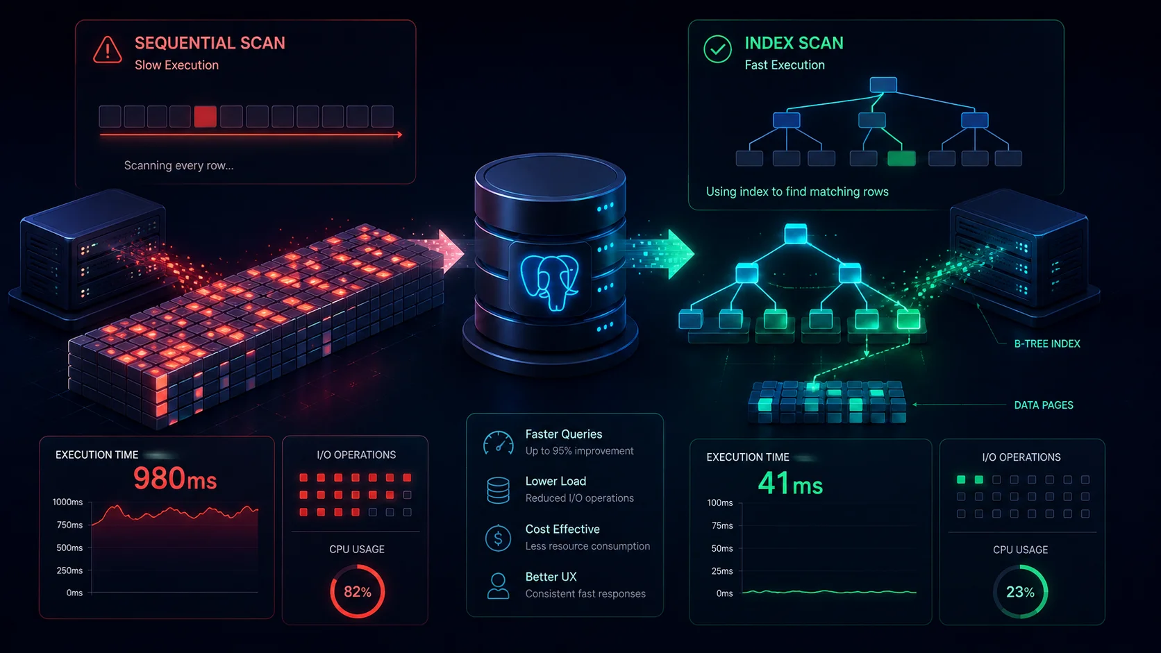 Database indexing optimization improving PostgreSQL query performance.