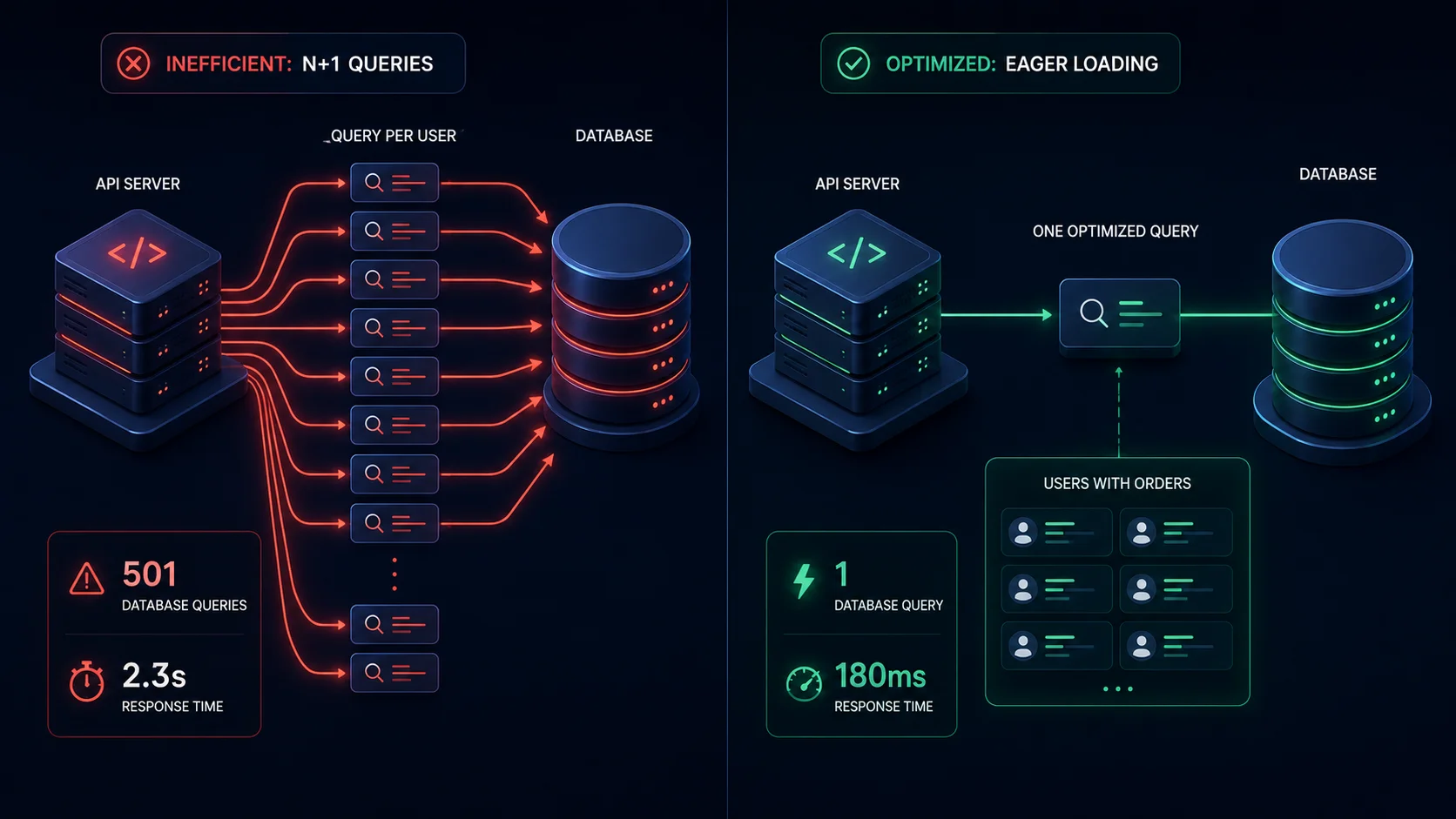 Comparison of N+1 queries versus eager loading optimization in a Node.js backend.