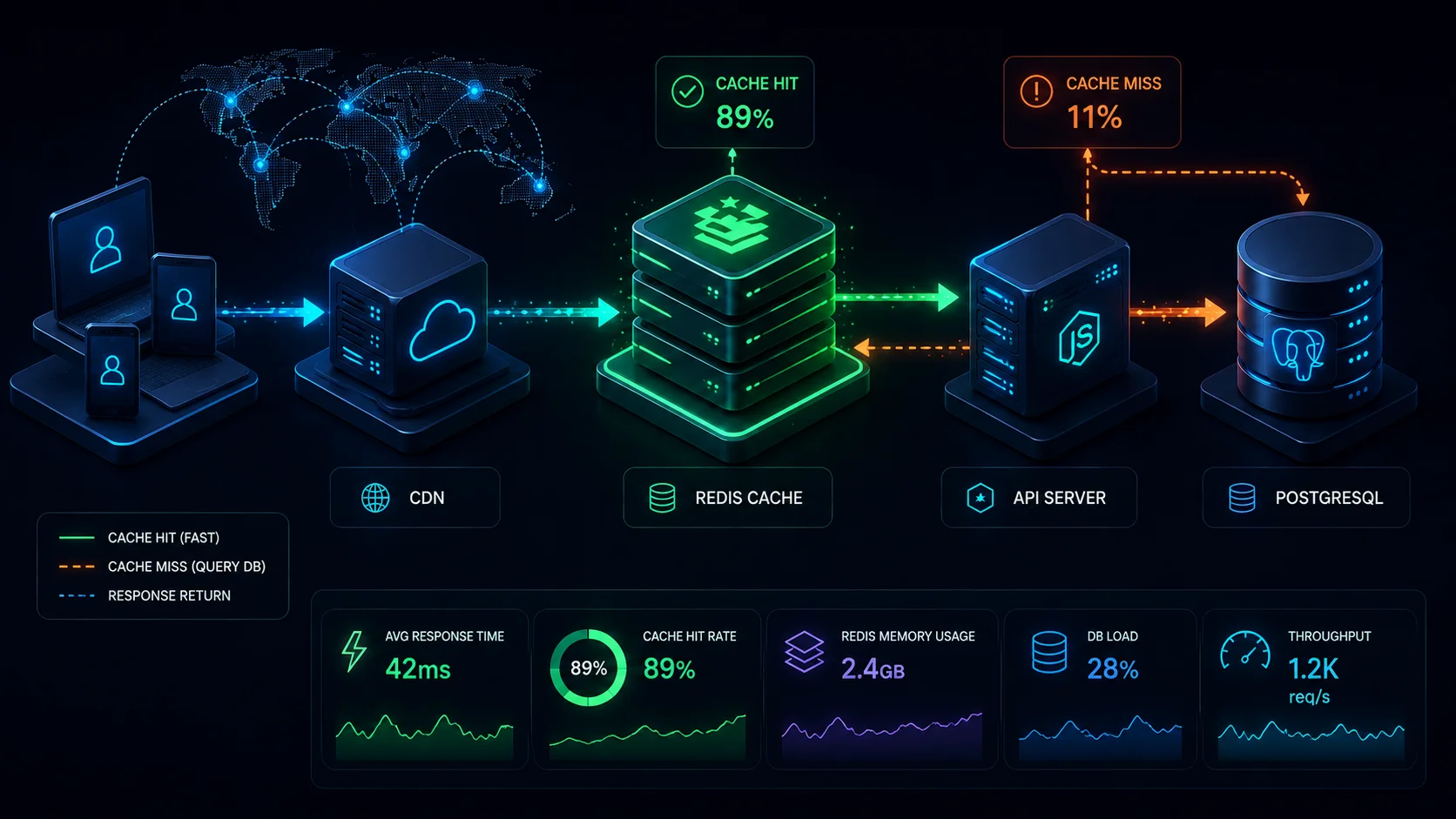 Redis caching architecture reducing API response time in a Node.js application.